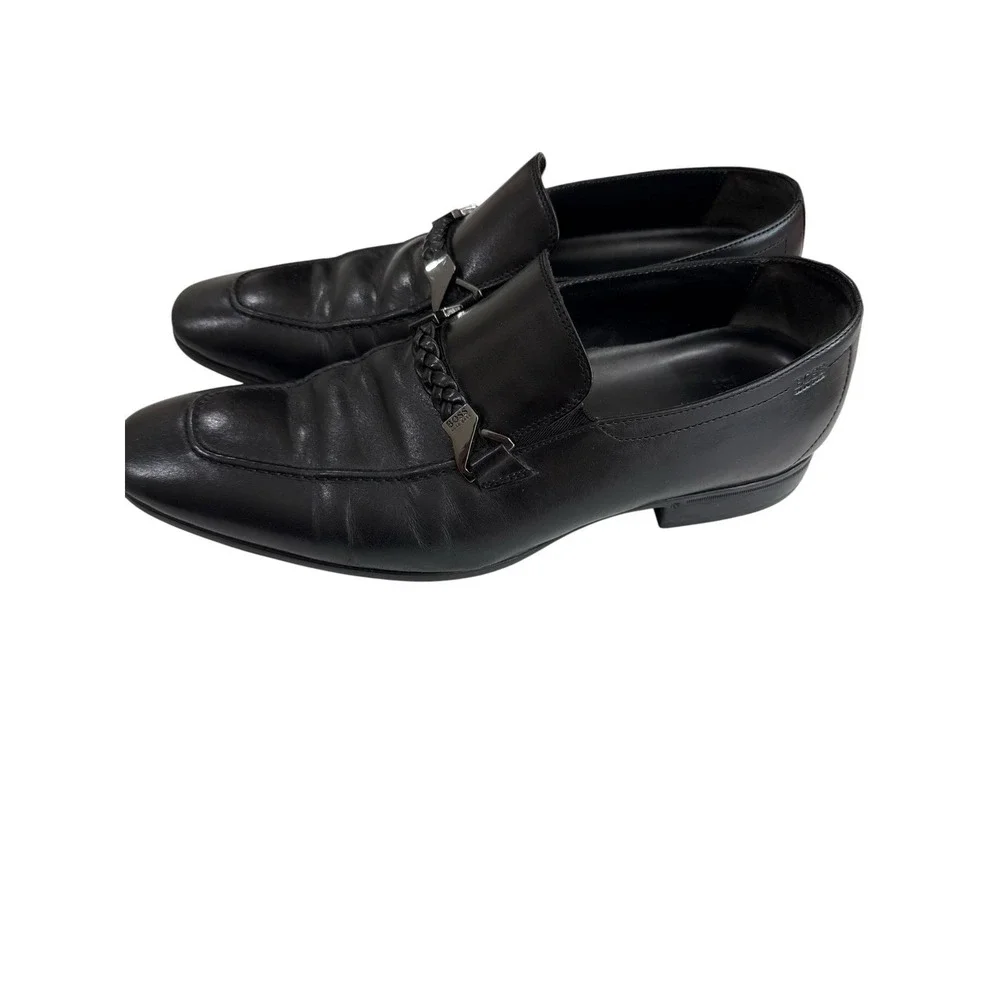 Hugo Boss Loafers Mens Size 9 Black Good Braided Strap Leather Dress Shoes